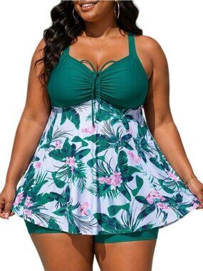 NIeyook Plus Size 20W Tankini Set 2-Piece Floral Swim Dress Push Up V-Neck